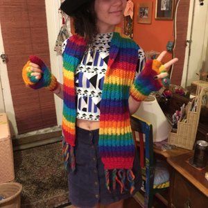 Handmade rainbow fingerless gloves and scarf